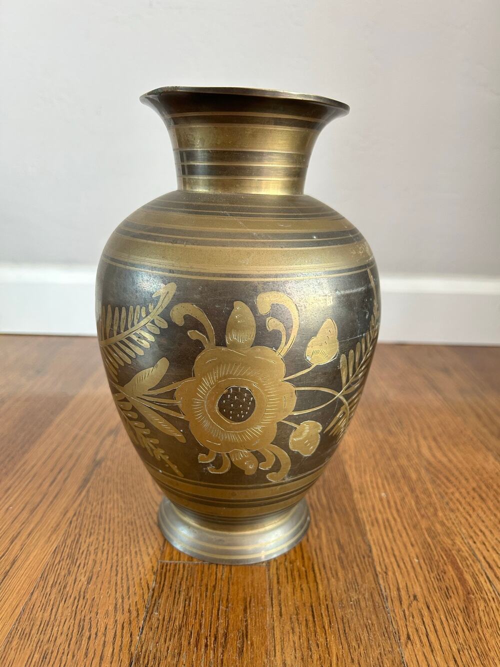 Vintage Brass Etched Vase Made in India Floral 9in